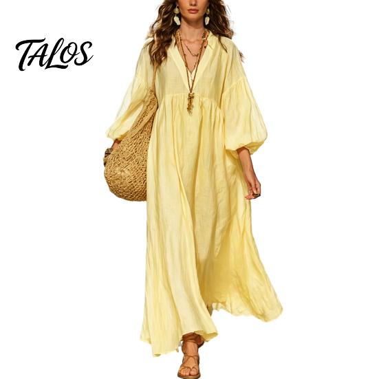Polyester Dress Women Women's Deep V Neck Maxi Dress, Puff 3/4 Sleeve Retro Style A-Line Flowy Casual Loose Boho Beach Sundress Everyday Wear