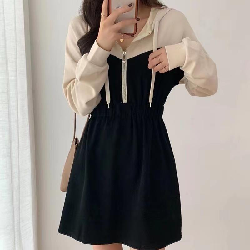 

Корейский стиль весна осень винтажное женское платье длиной до колена с капюшоном толстовка с длинным рукавом простое повседневное спортивное платье Y2k XL чёрный