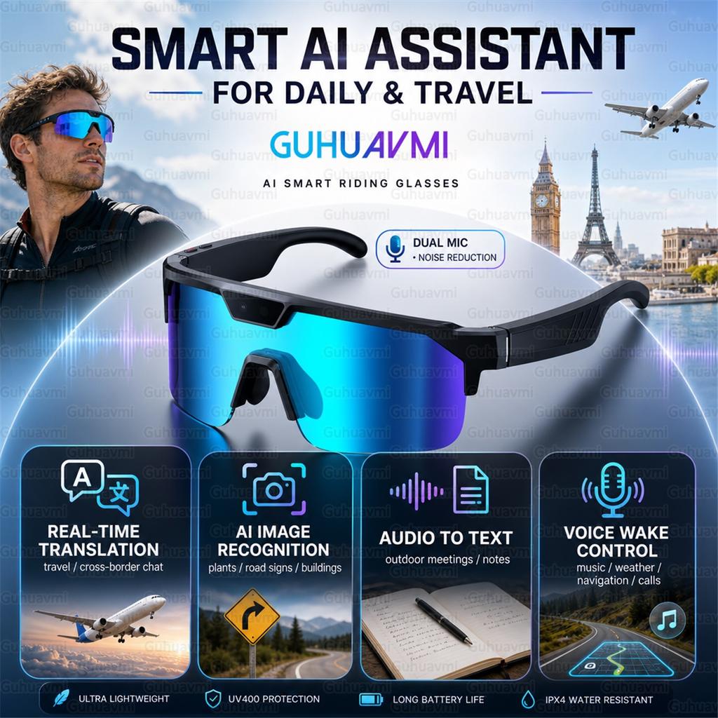 Sport Smart Glasses with 4K HD Anti-Shake Camera &3D Stereo Speakers Polarized UV400 Sunglasses Bluetooth AI Outdoors Video POV