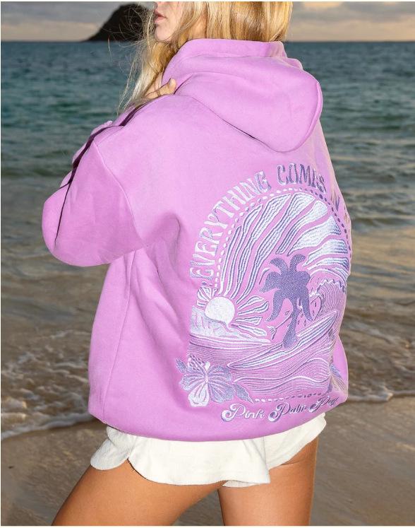 European Size Coconut Wave Embroidery Hoodie with Drop Shoulder Sleeves