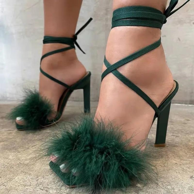 Fashion Fashion High Heel Sandals Women 2025 Summer New Fashion Ankle Strap Open Toe Shoes for Women Luxury Furry Sandalias De Mujer