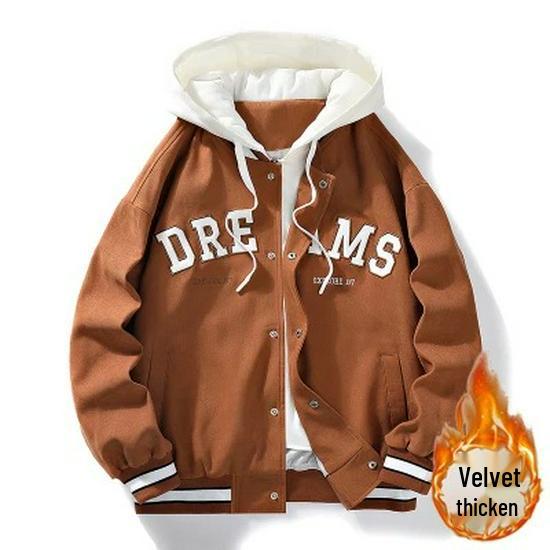 Men's Casual Hooded Jacket - Spring/Autumn 2025 Trendy Embroidered Baseball Style, Fake Two-Piece Design for Couples