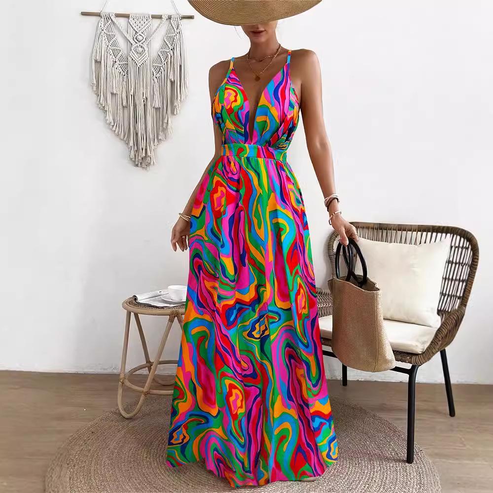 Europäisches & Amerikanisches Batik-Regenbogenmuster Ärmelloses Maxikleid