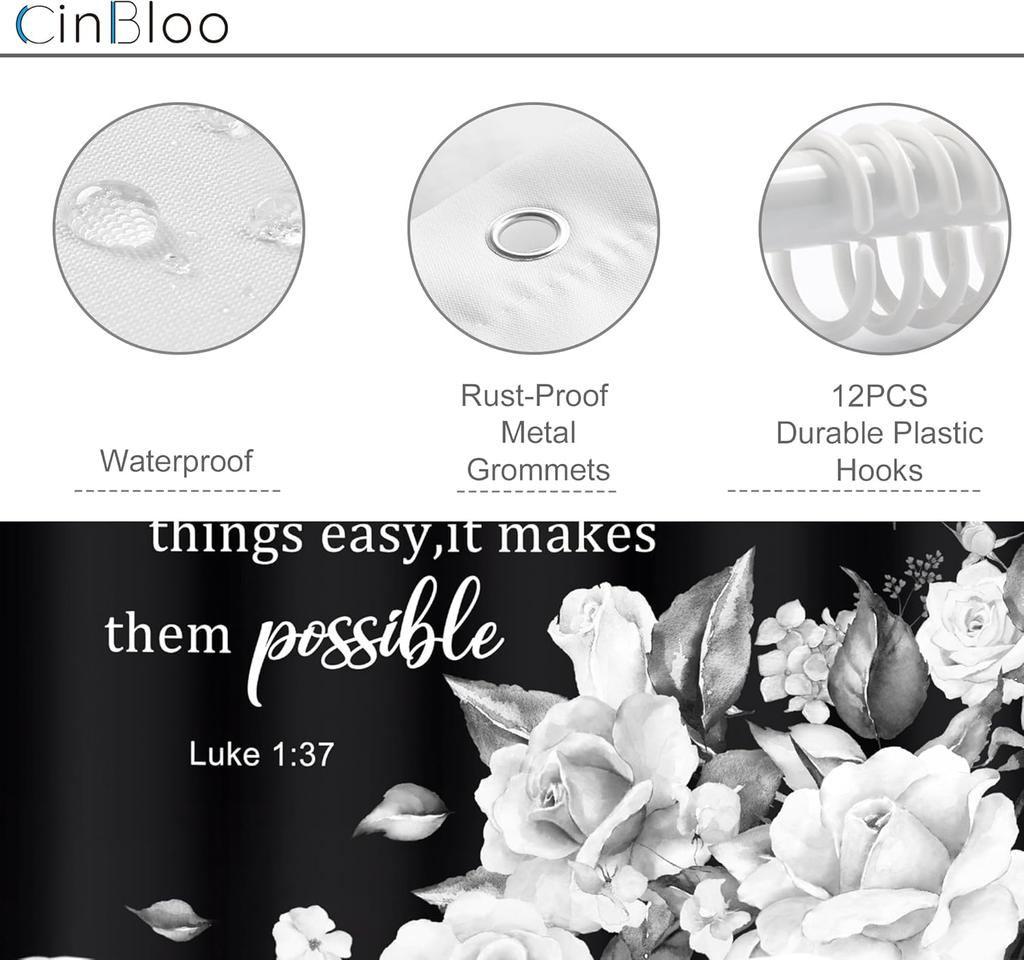 Black And White Floral Shower Curtain With Bible Verses Love Faith God Water Resistant Fabric Inspirational Home Decor Religious