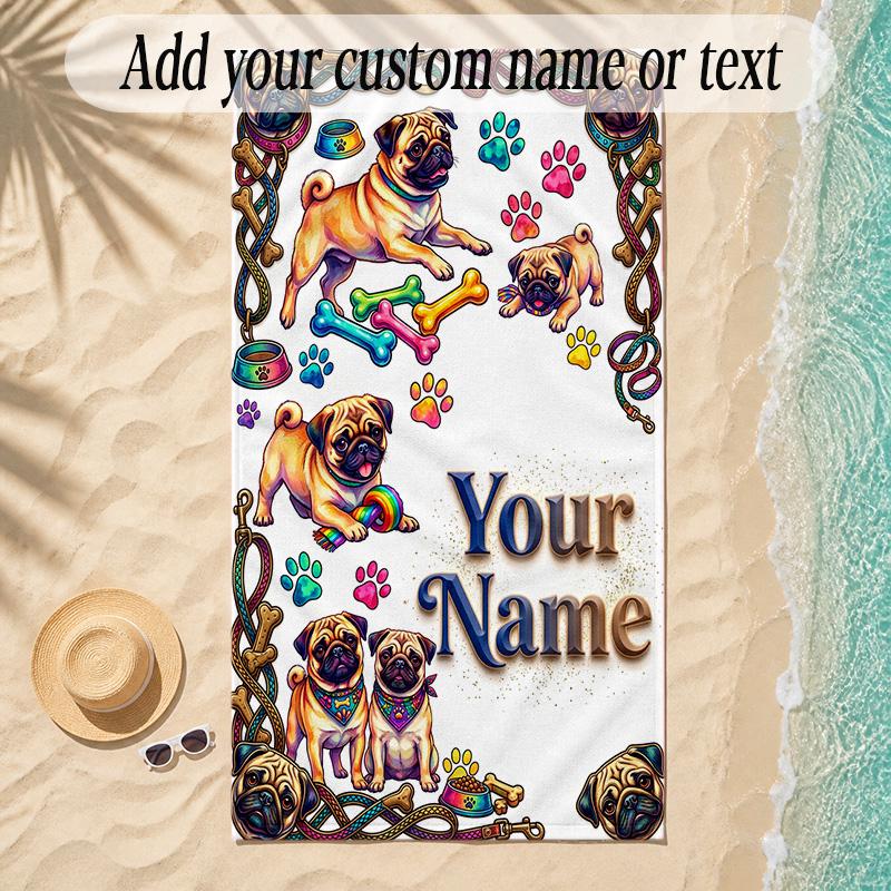Pug Theme Soft Beach Towel Personalized Custom Name Text Towel Portable for Beach Pool Travel