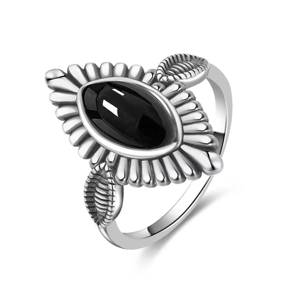 Vintage 925 Sterling Copper Ring Natural Black Onyx Ring Oval Round Stone Retro Fine Zircon Gift Sun Shaped For Women Men