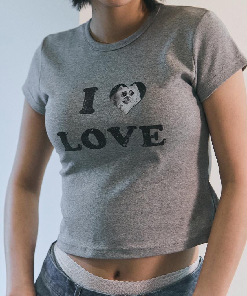 Beullusseonpeullawo I Love Cat Crop Top [Melange Gray]