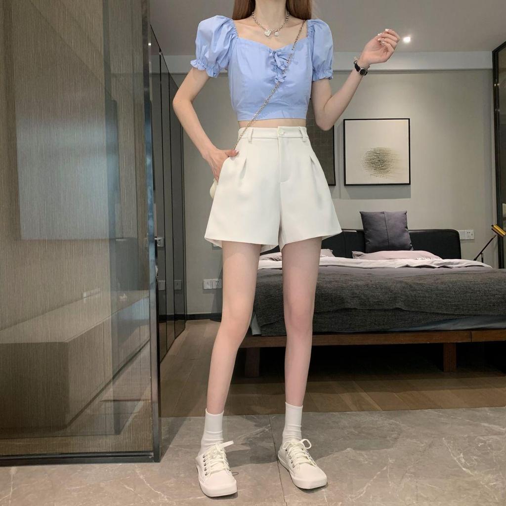 2026 Women's Black High-Waisted Wide-Leg Shorts & Casual Suit Pants with Elastic Waist