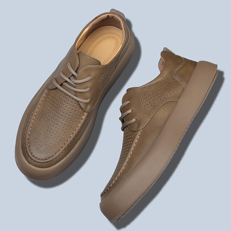 Summer Leather Breathable Men's Shoes New Versatile Trend Thick Sole Hollow Hole Casual Leather Shoes Men's Board Shoes