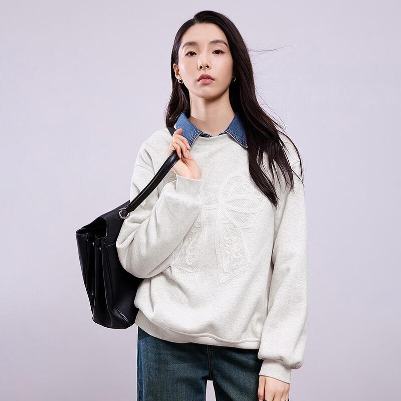 Women's Loose-Fit Fleece-Lined Sweatshirt with Lace Bowknot