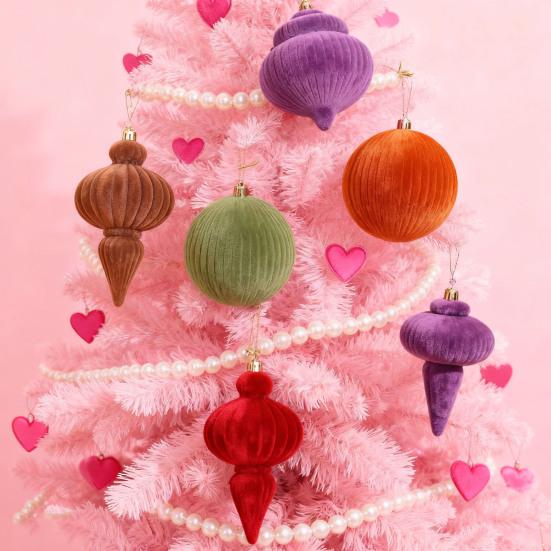 4Pcs Velvet Christmas Ball Ornaments Plastic Flocked Decor with Metal Hangers Holiday Home Decorations for Tree Mantel