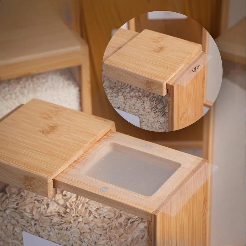 Bamboo Wooden Grain Storage Box Airtight Square Kitchen Pantry Organizer Transparent Food Container for Rice Cereal Dry Goods