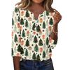 Women's Fashion Casual Christmas Print V-Neck Button Three-Quarter Sleeve T-Shirt Top