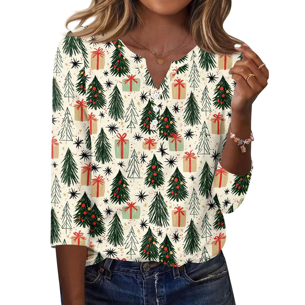Women's Fashion Casual Christmas Print V-Neck Button Three-Quarter Sleeve T-Shirt Top