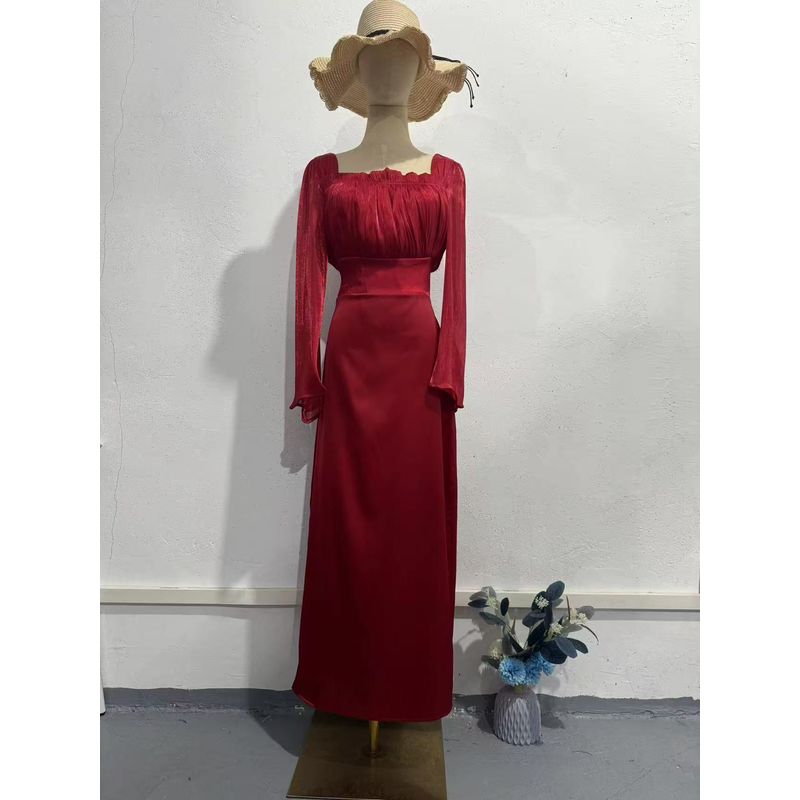 

Модный стиль Платье с квадратным вырезом, оборками и рукавами-фонариками из мерсеризованного материала, плиссированное платье с квадратным вырезом Deep red S