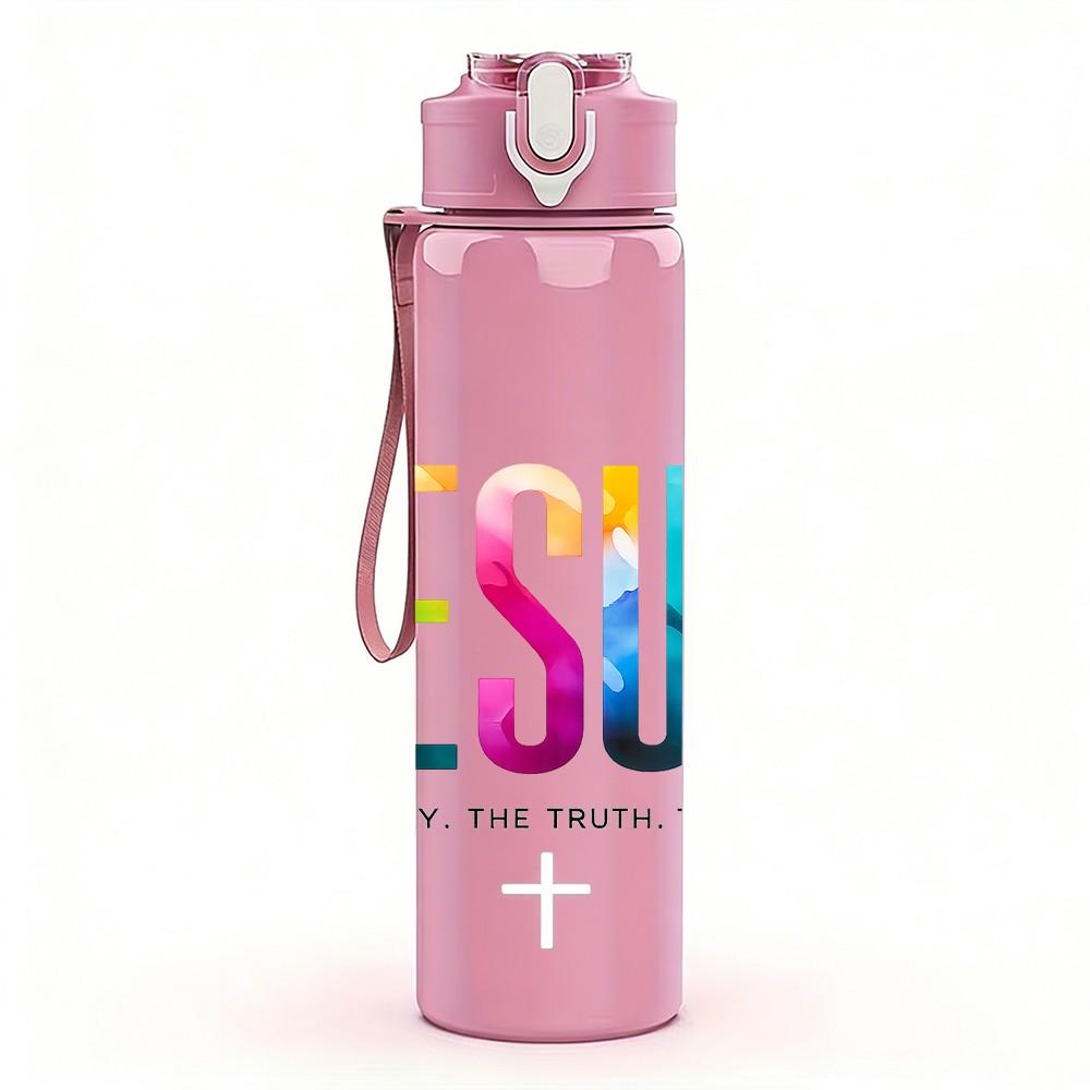 1PC Jesus Color Letter Logo Print 750ml Color Plastic Sports Water Bottle Leakproof Flip Straw Lid Suitable for Sports Office Home Use