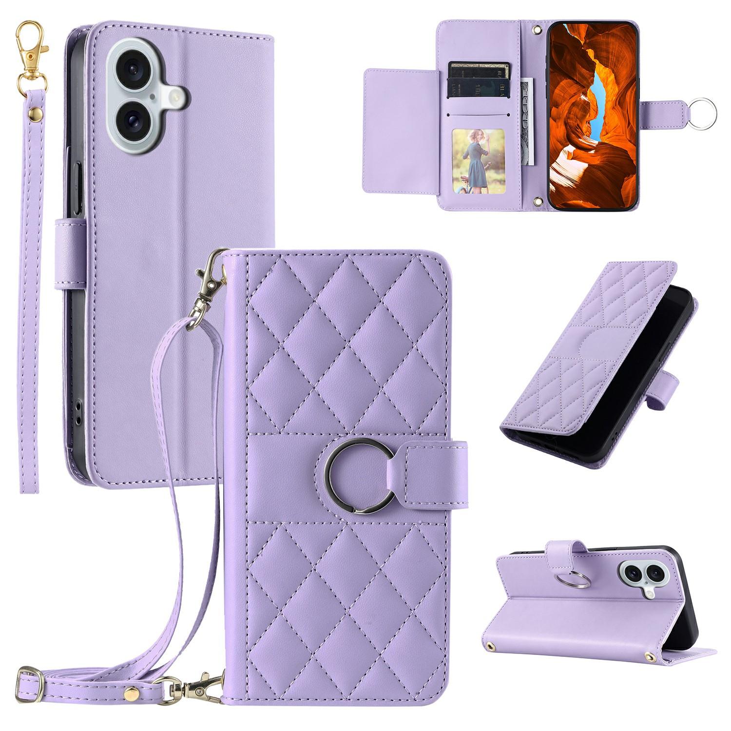 For iPhone 16 Plus Crossbody Leather Case Ring Buckle Wallet Stand Rhombus Mobile Cover E
