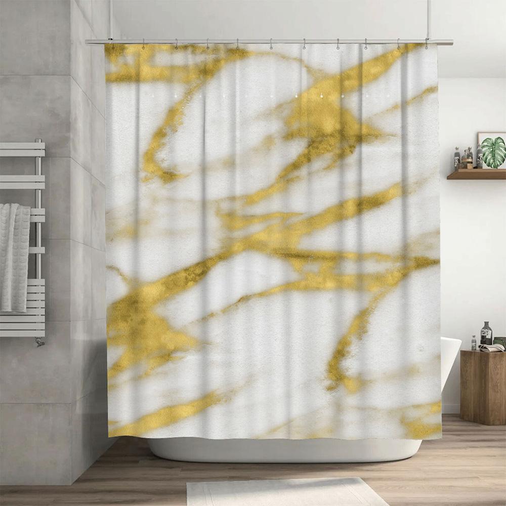 White Marble Effect Shower Curtain With Gold Accents Decorative Bathroom Liner For Bathtub Or Pool Area Perfect Addition To Your
