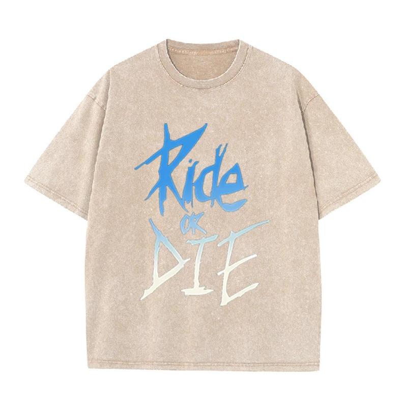 

Ride Or Die Letter Print Vintage Washed T Shirt Unisex Punk Rock Casual Tee S