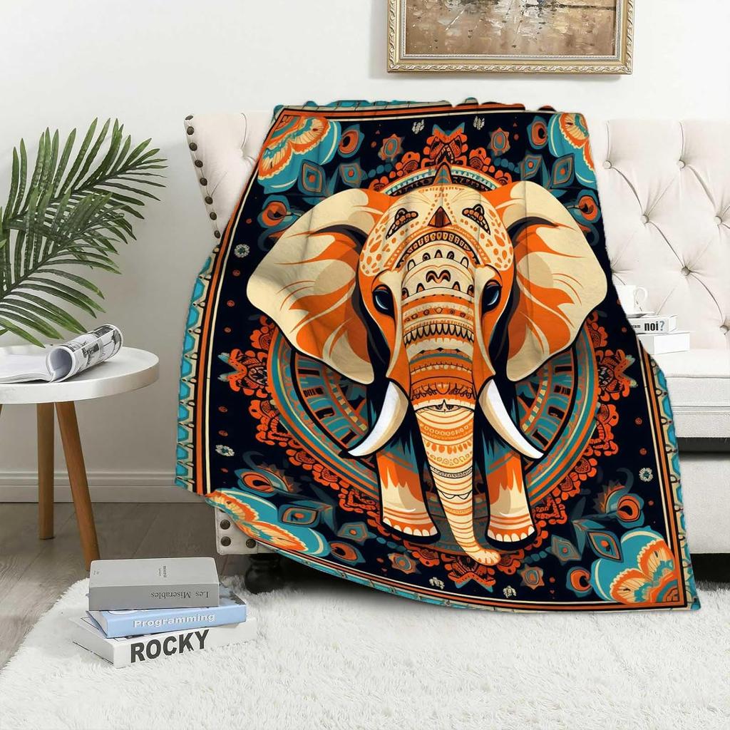 VIKAMA Indian Ethnic Pattern Elephant Fleece Blanket for Boho Apartment Bohemian Room Decor,Couch Cover Birthday Present