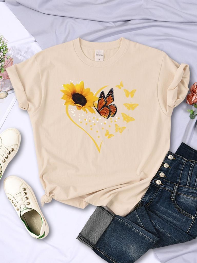 Einfache Damen T-Shirts Sonnenblumen Schmetterlinge Herz-Aufdrucke Kurzarm Bequem Weich O-Ausschnitt Oberteile Sommer Lässig Damenkleidung