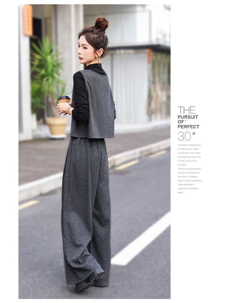 2026 Spring Women's Trendy Three-Piece Set: Stylish Top, Vest & Wide-Leg Pants