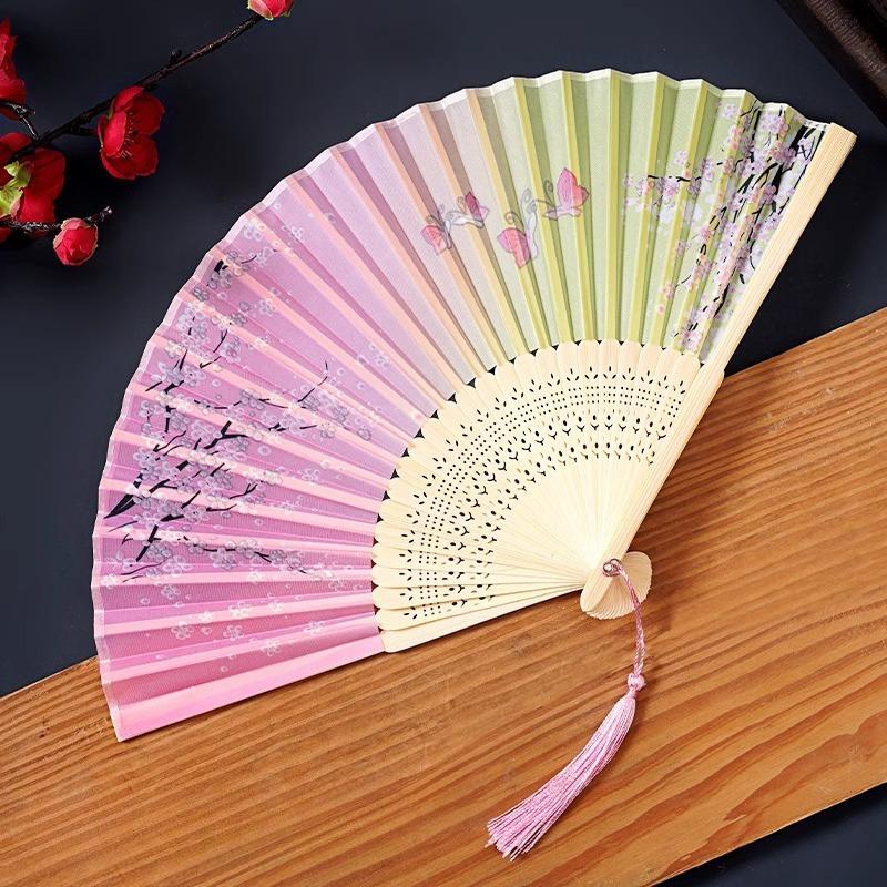 1Pc Chinese Ancient Style Flower Women Folding Fan with Tassel Fringe Hanfu Cheongsam Dance Fan Photo Props Summer Handheld Fan