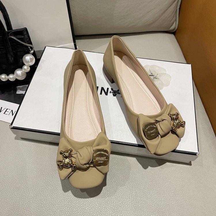 Elegant Bowknot Ballerina Women's Shoes Square Toe Low Heel Shoes Comfort Slip-On Ladies Leather Soft-soled Single Shoes Women