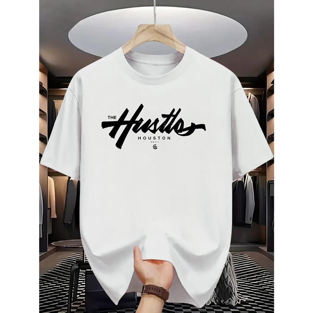 Summer Men's Casual Loose Fit Plus Size Houston Letter Print Sporty Crew Neck Short Sleeve T-Shirt