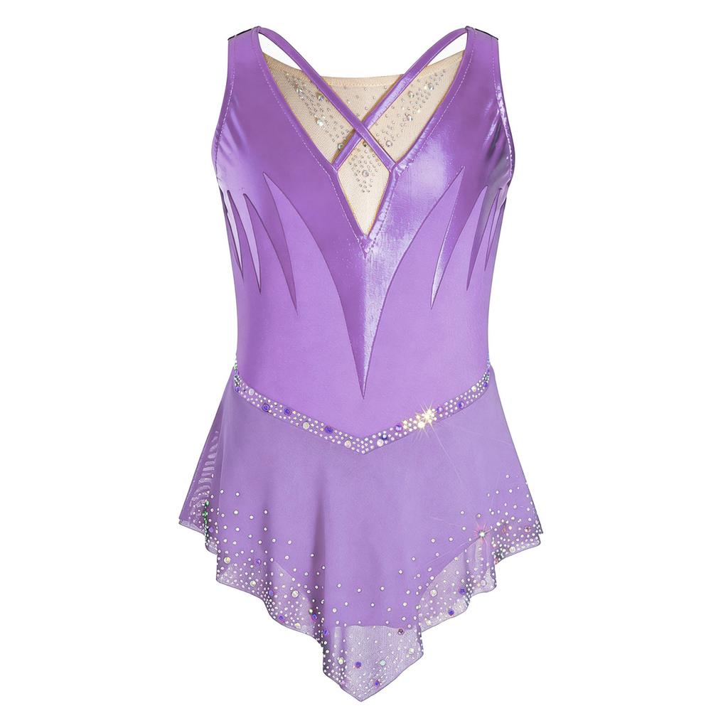 Girls Gymnastics Figure Skating Dress: Sleeveless Cross Front Mesh Patchwork Sparkling Rhinestone Color Block with Built-in Briefs