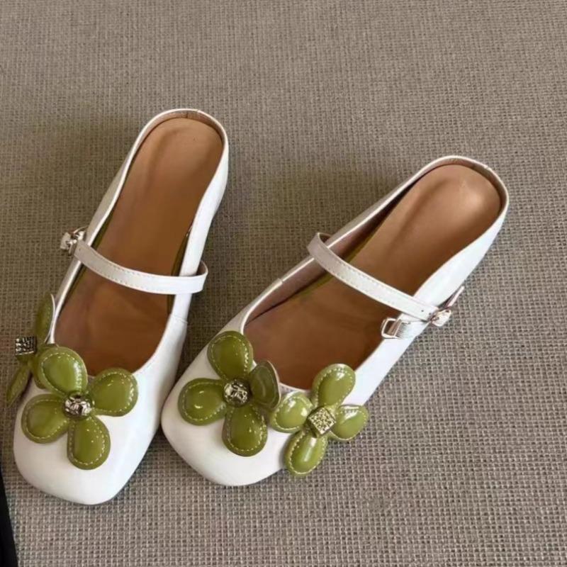 Fashion Flat Bao Tou Cool Mopping Summer New Square Toe Shallow Mouth Flower Metal Buckle One Slip Soft Sole Non-slip Slippers