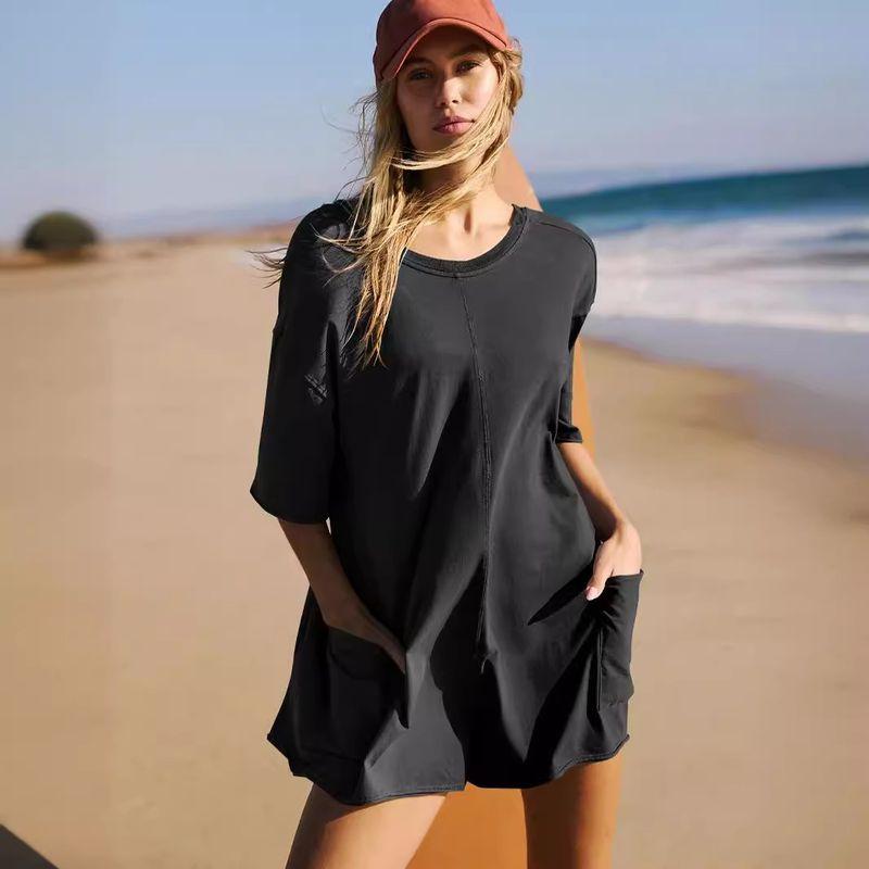 Casual Jumpsuit2024 European American Summer New Women's Clothing Loose Casual Short Sleeve V Neck Open Back Jumpsuit