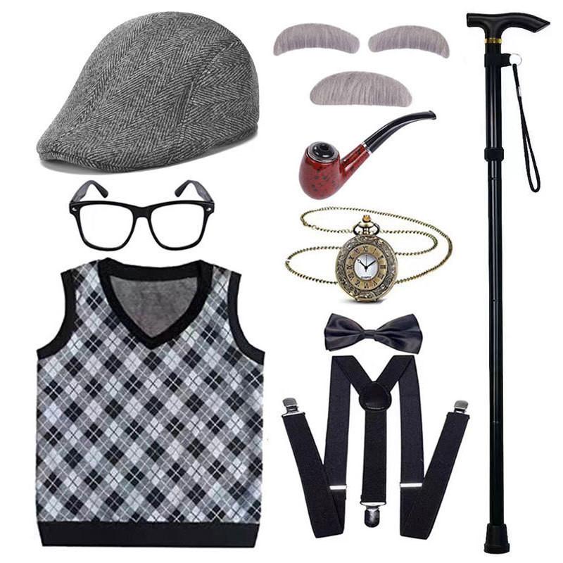 Disfraz de abuelo premium con peluca, chaleco elegante y accesorios para niños y adultos.