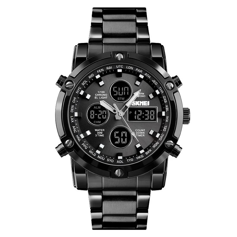 Skmei 1389 3atm Water Resistant Stainless Steel Watch Reloj Mens Fashion Wristwatch 3 Time Analog Digital Quartz Watch for Men Skmei 1389