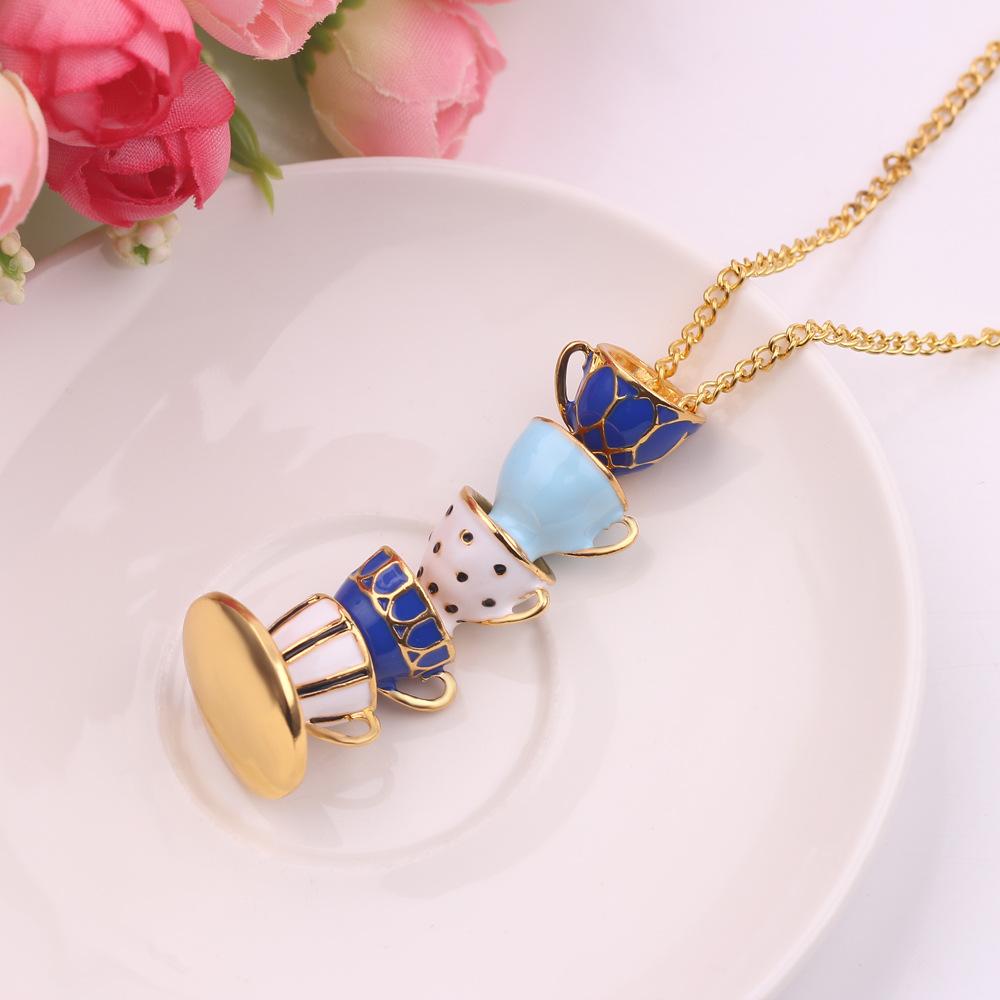 Fashion Accessories Enamel Glaze Teacup Earrings Long Necklace Sweater Chain Jewelry Women's Pendant