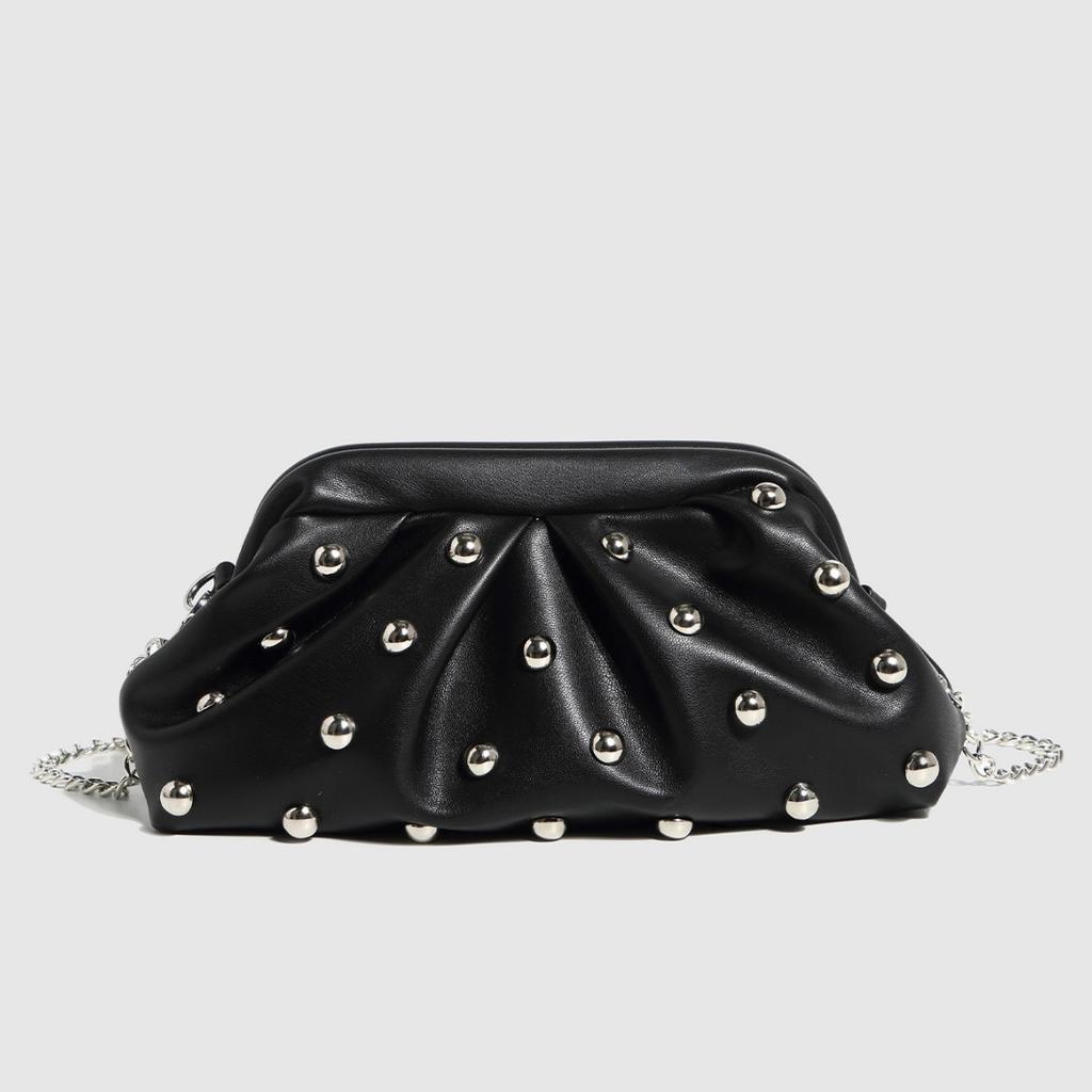 Trendy Shoulder Crossbody Clutch Bag with Mushroom Studs Chain Wrinkled Design Women's Fashion Underarm Bag for Multiple Occasions