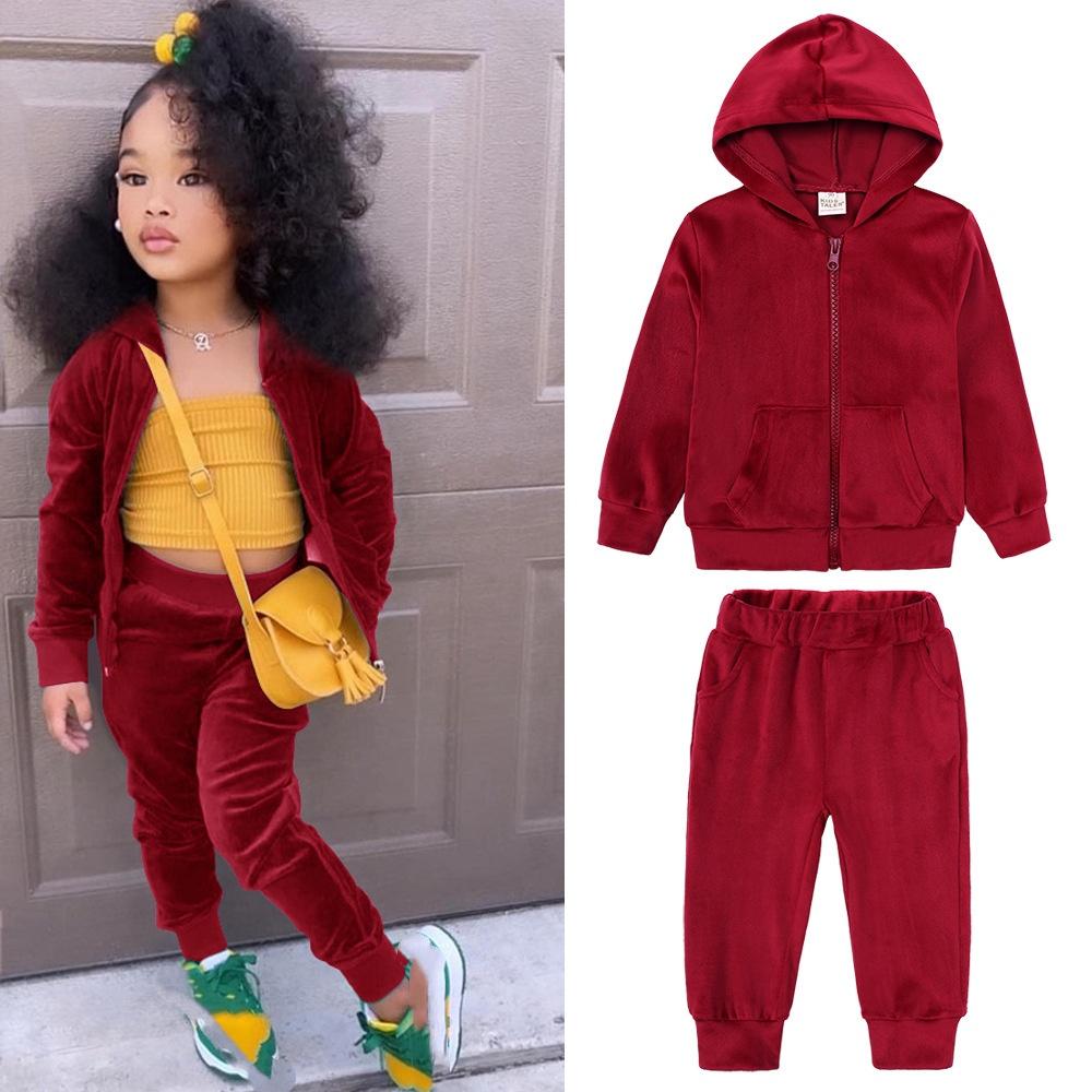 Costume Sportive de Toamnă și Iarnă pentru Băieți și Fete, Stil Occidental, la Modă, Haine pentru Copii Net Red, Costum din Două Piese din Catifea Aurie pentru Copii Mari