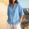 Women's V Neck Linen Cotton Blend Loose Fit Shirt Half Sleeve Casual Blouse with Front Pockets Lightweight Breathable Fabric