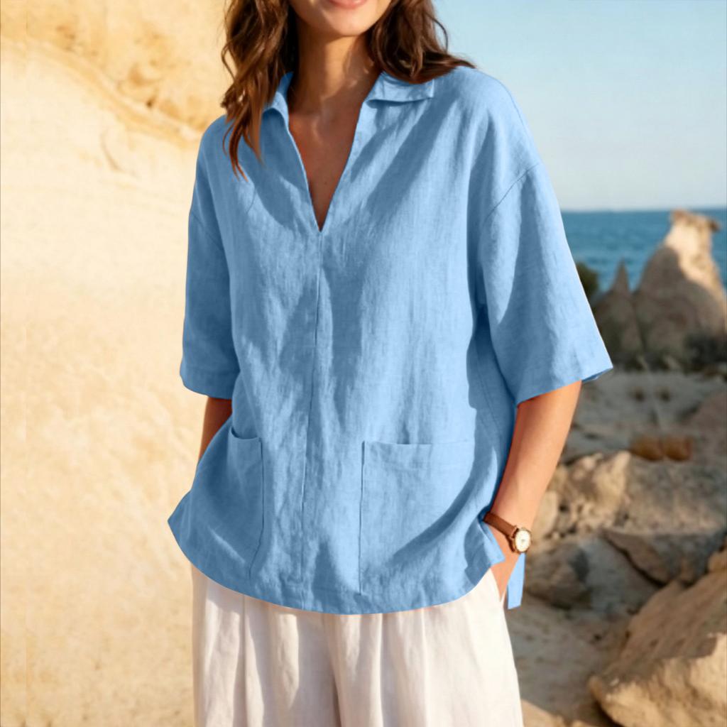 Women's V Neck Linen Cotton Blend Loose Fit Shirt Half Sleeve Casual Blouse with Front Pockets Lightweight Breathable Fabric