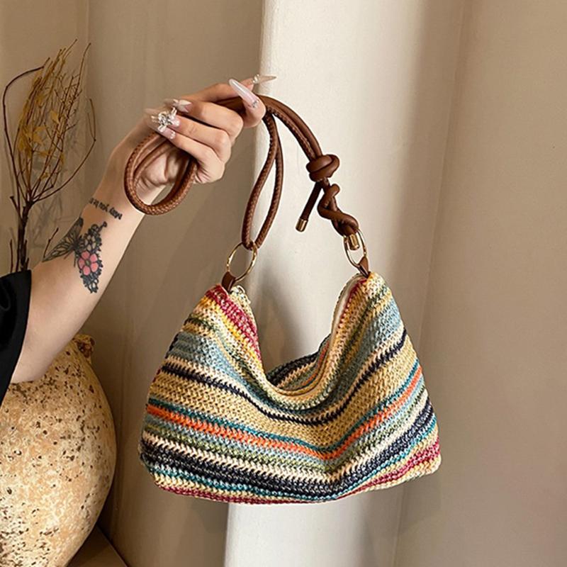 Women'S Striped Woven Straw Tote Bag - Lightweight Large Capacity With Detachable Coin Purse & Zip Closure For Beach Vacation