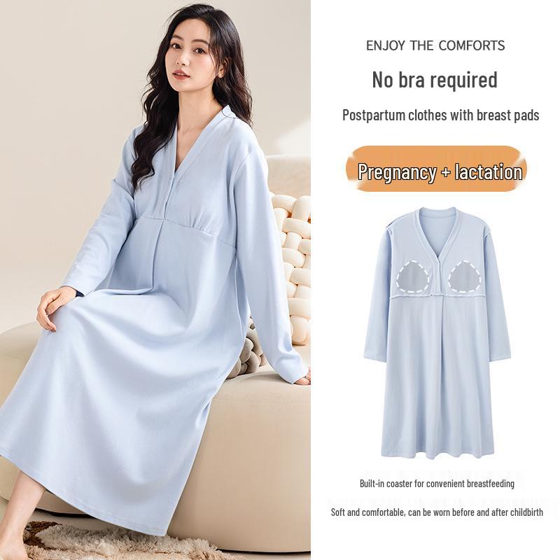 Bavlnová těhotenská noční košile s prsními vložkami pro předporodní a poporodní kojení, jarní/podzimní nošení