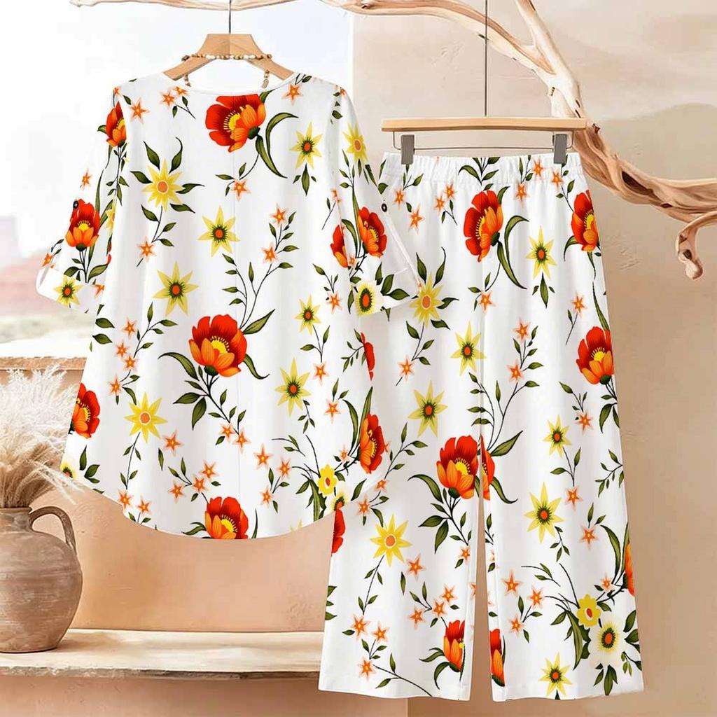 Women's 2‑Piece Outfit, Boho Floral 3/4 Sleeve Irregular Hem Top & Wide Leg Pants Set, Casual Loose Matching Suit