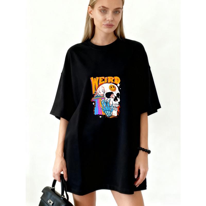 

Oversized T Shirt Black Skull And Rainbow Design With Word WeirD Casual Streetwear For Women XXXXL чорний