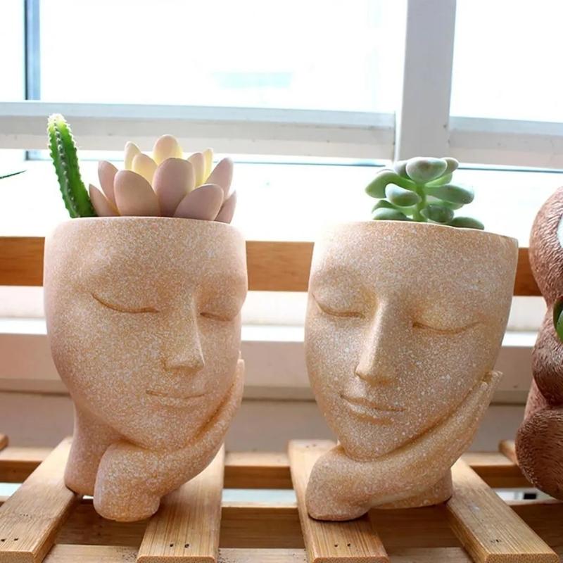 Girl Plant Flower Pot Mould Face Holding Girl Silicone Mold Succulent Planter Epoxy Resin Mold Garden Figurines Outdoor