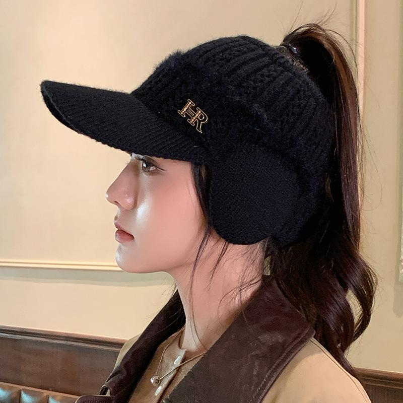 Autumn and Winter Knitted Empty Top Hat Letter Fleece Hat Women's Outdoor Cycling Windproof Warm Ear Hat