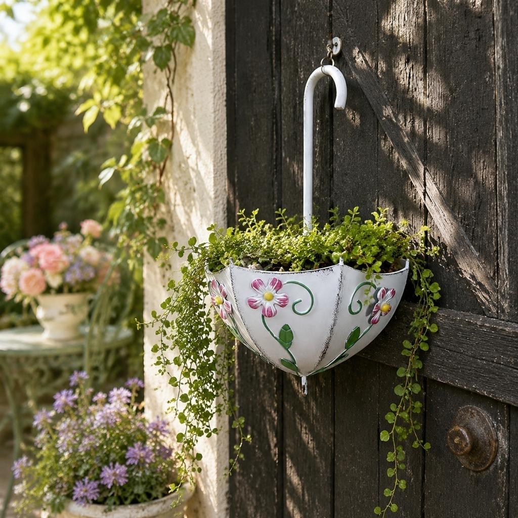 Umbrella Shape Wall Mounted Metal Plant Basket Decorative Iron Hanging Flower Pot for Indoor Outdoor Home Garden Wall Decoration