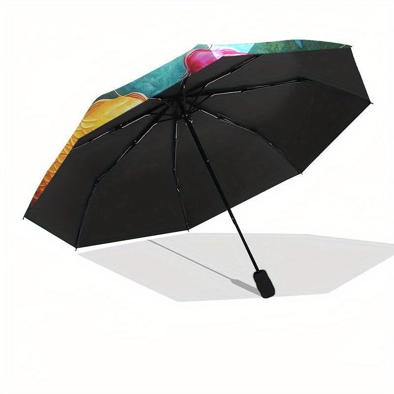 Colorful Koi Fish Pond Wall Art Decor Umbrella, Cute Umbrella with Cute Design, Portable 3-Fold Compact Umbrella for Men & Women, Valentine's Day Moth