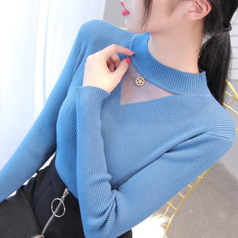 Autumn/winter Women's Knitted Bottoming Shirt Half Turtleneck Mesh Cutout Sweater Slim Knit Sweater Pullover Jumper Top