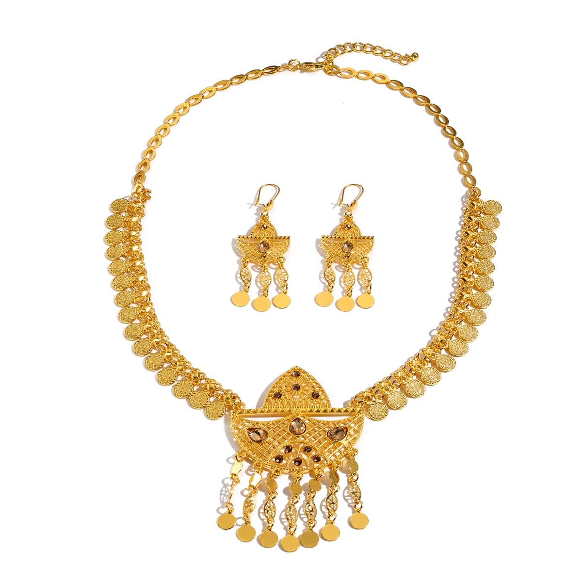 

Geometric Hollow Carving Coins Tassel Necklace Earrings Women Statement Jewelry Set