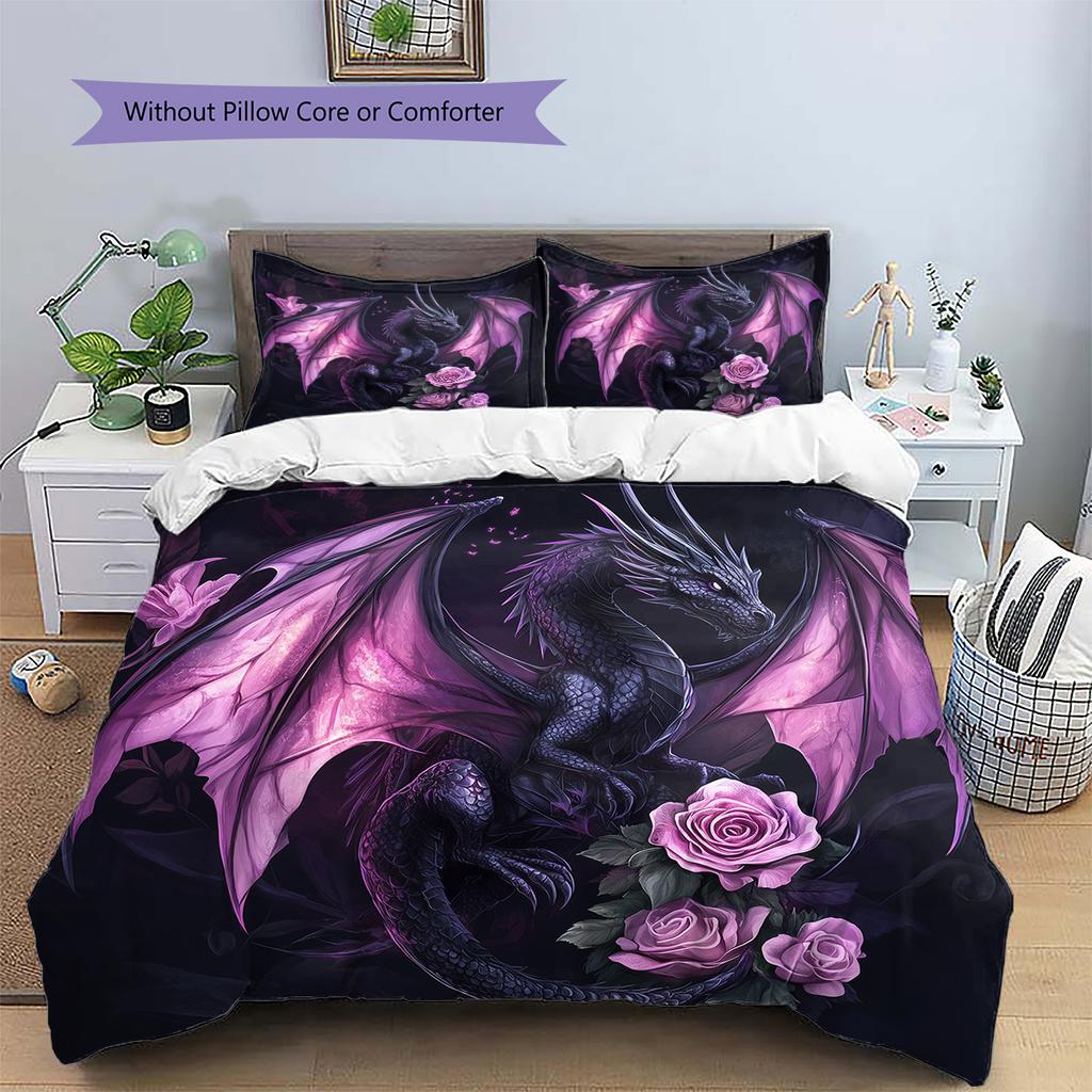 Fialový drak Vzor Povlečení Přikrývka Sada Povlak na přikrývku Povlak na polštář Domácí dekorace Dárek (1 * povlak na peřinu + 2 * povlak na polštář, bez jádra)